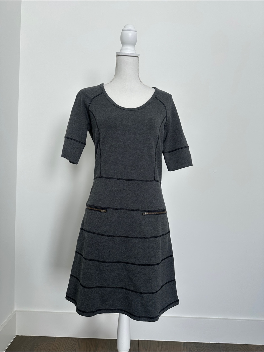 Athleta Charcoal Gray Knit A-Line Dress with Zip Accents